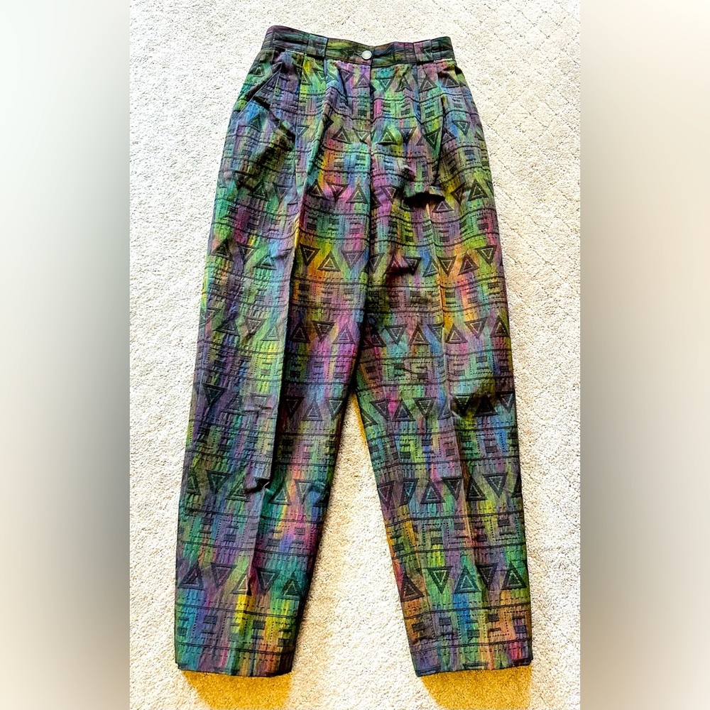 German designer pants with green-purple-black textured sheen. Size small.